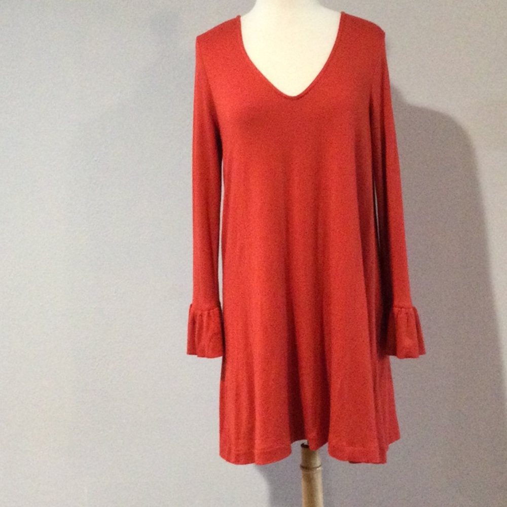 Lou & Grey Red Flounce Sleeve V-Neck Soft A-line Knee Length Shirt Dress M